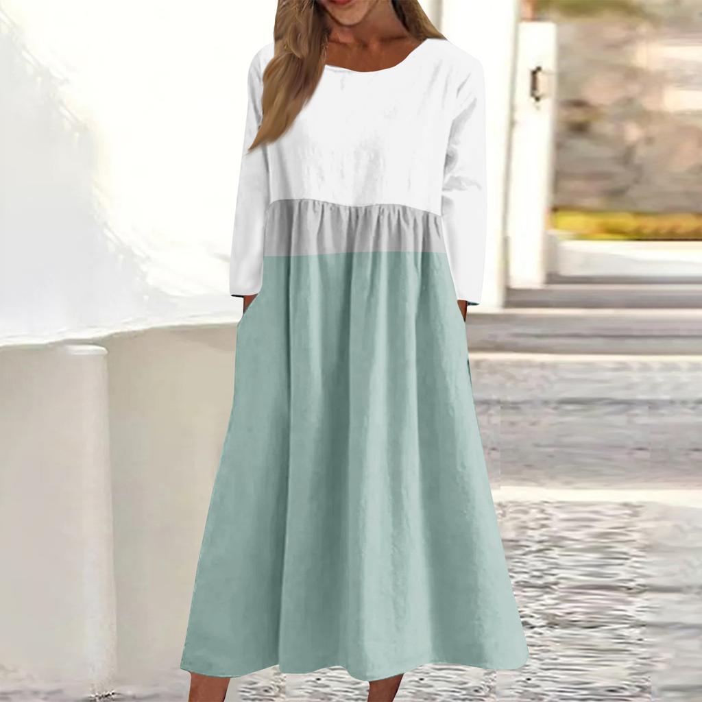 Женское повседневное миди-платье с круглым вырезом и полосатым принтом, с длинным рукавом и карманом