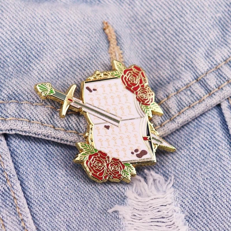 Книга Меч Эмалевая Брошь Значок Цветок Буква Значки Книжный Подарок