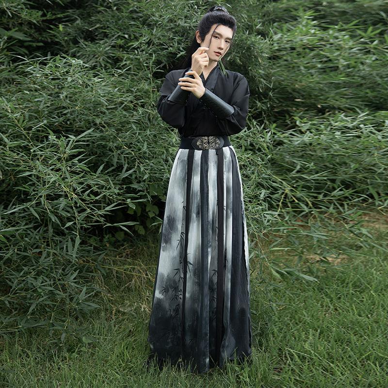 Мужской черный костюм Hanfu с принтом бамбука Song Bei Zi для боевых искусств с перекрестным воротником
