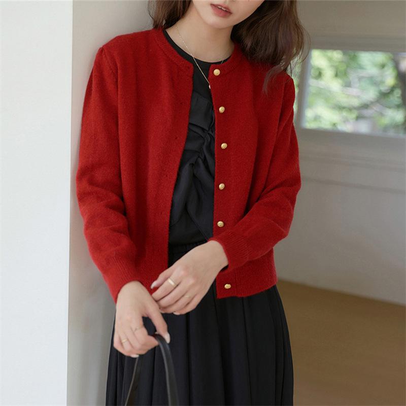 Нежный ретро маленький кардиган с круглым вырезом и золотой пряжкой, женский осенний свободный повседневный базовый вязаный жакет