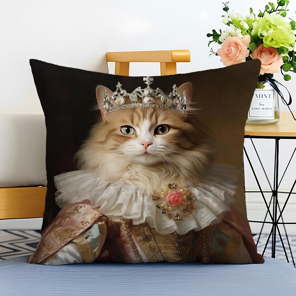 Renaissance Royal Cat Funny Cushion Cover Washable Linen Pillowcase Soft for Sofa Bed Cozy Home Room Decor