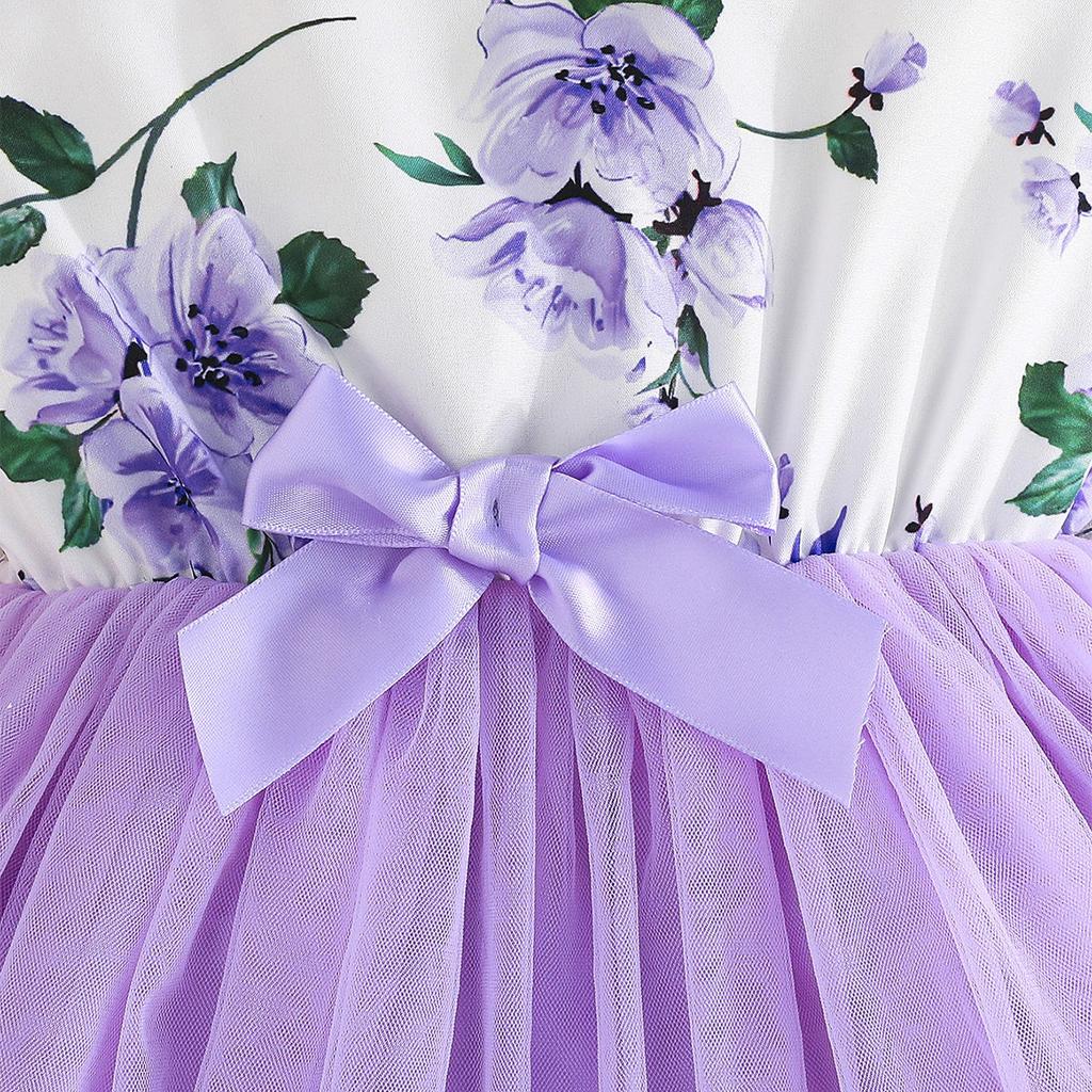 Summer Baby Girl Dresses Child Fresh Cute Dresses Children 4-8Y Flower Printed Fly Sleeve Tops Mesh Dresses