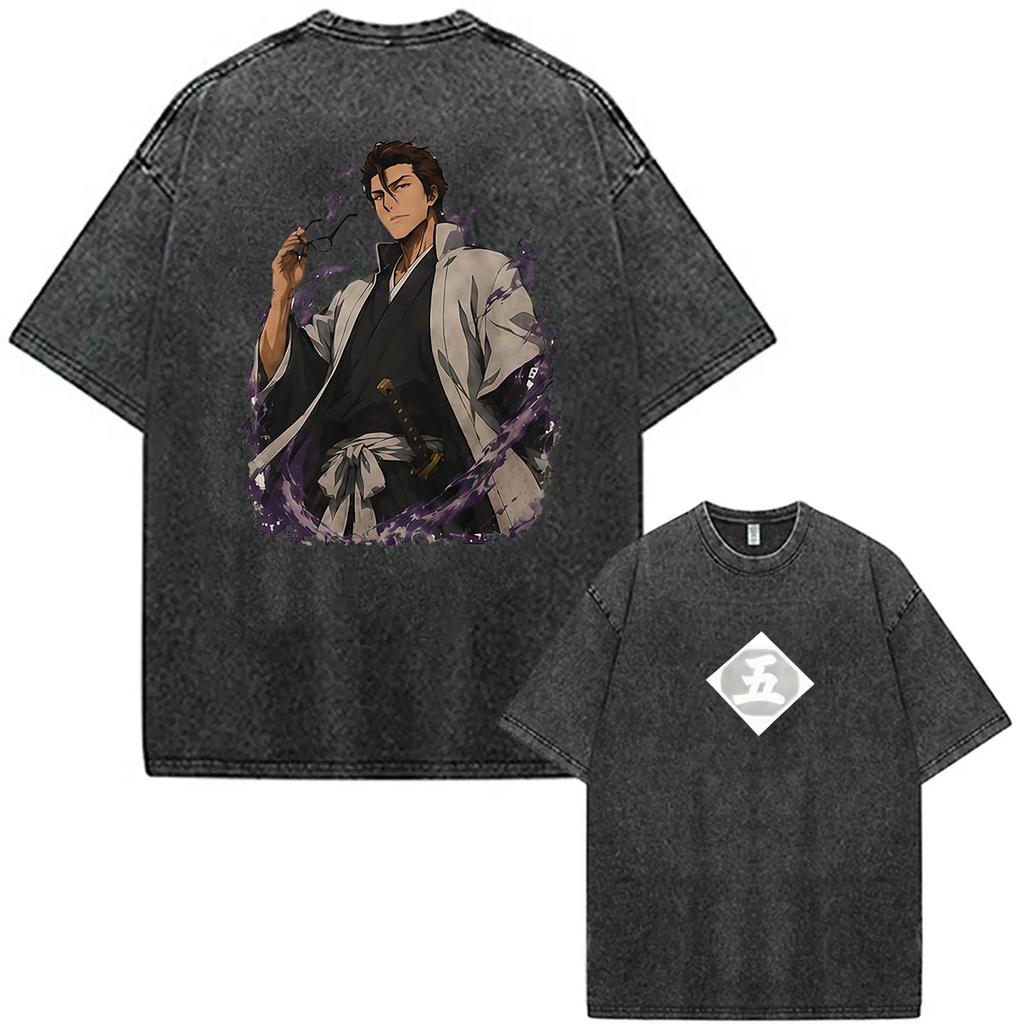 Vintage Washed Anime Bleach Rukia Kuchiki Print T Shirt Men Japanese Manga Short Sleeve Tshirt Unisex Clothing Fashion Tshirts