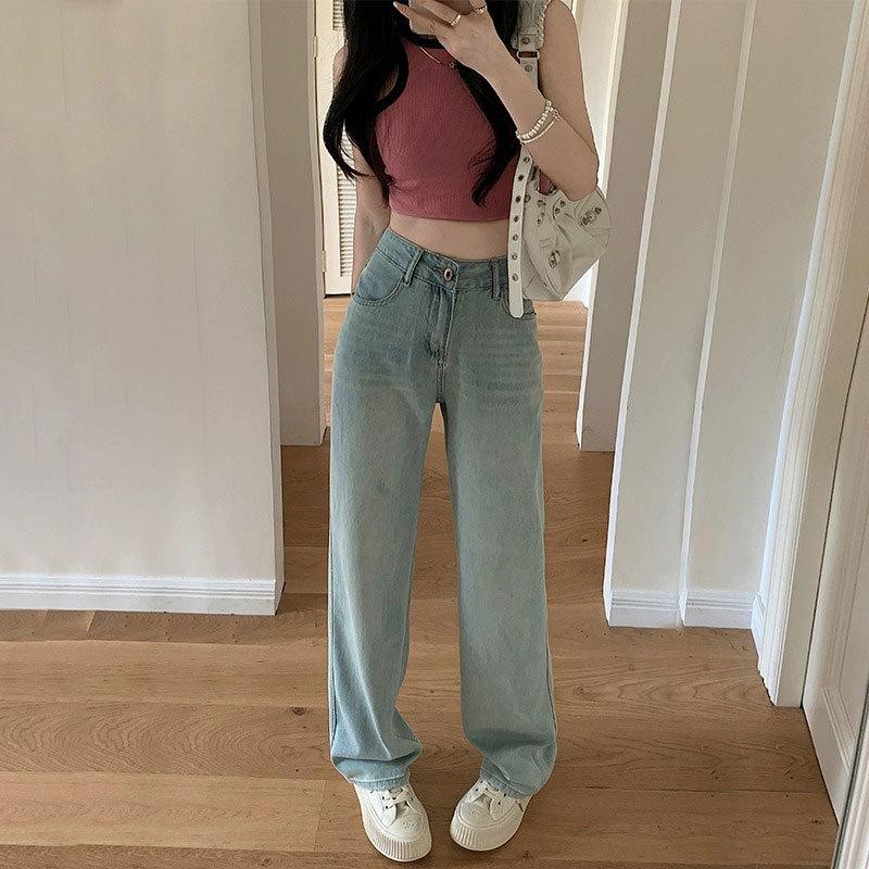 Женские джинсы большого размера из розовой кожи с высокой талией и широкими штанинами - Модные свободные прямые брюки