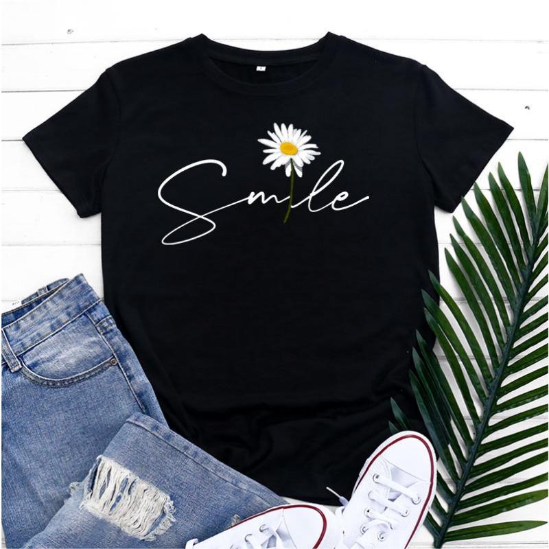 Summer Round Neck Daisy Pattern Printed Top Fashionable Casual Short Sleeved Women's Pure Cotton T-shirts