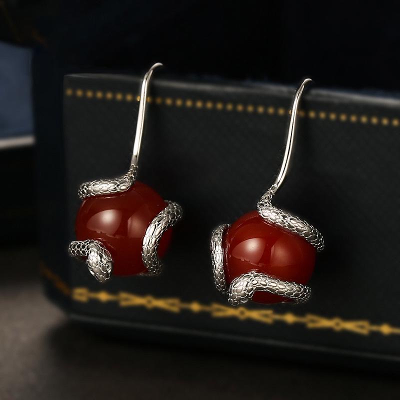 925 Sterling Silver Exotic Egyptian Queen Snake Earrings with Natural Agate Crystal