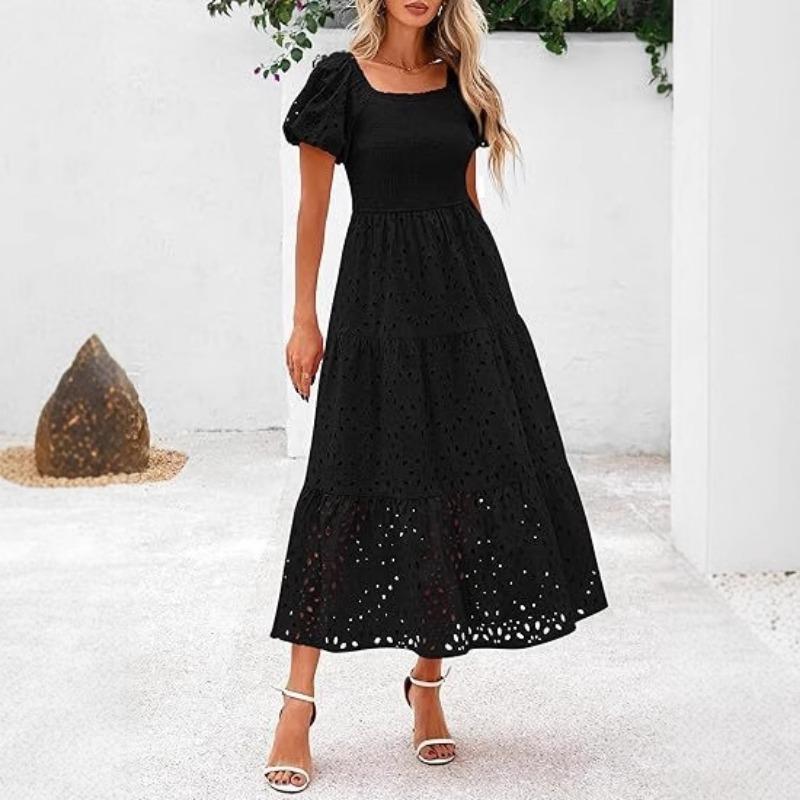 Женское платье с квадратным воротником, рукавами-фонариками, короткими рукавами и сетчатой вставкой