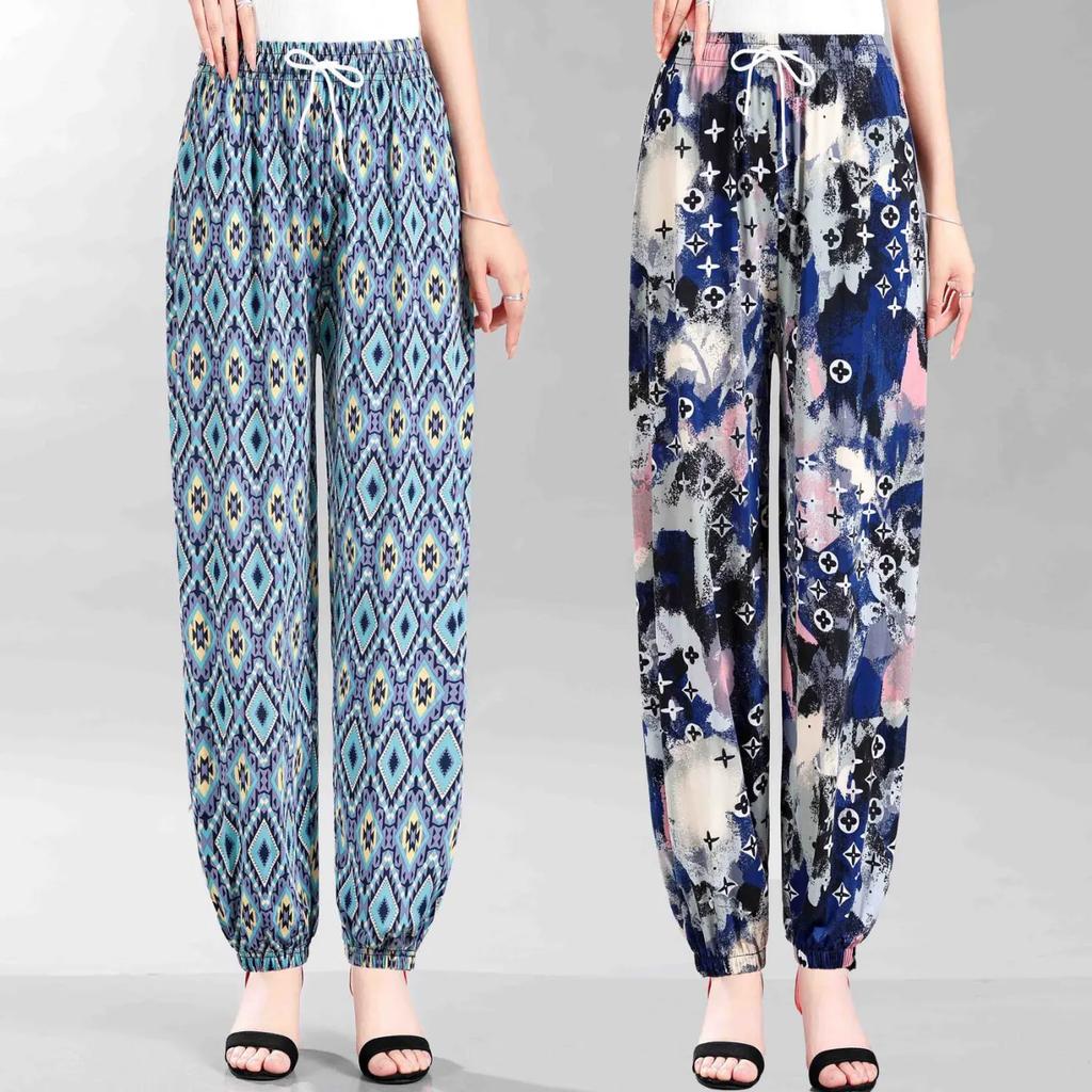 WTEMPO Elastic High Waist Thin Mother's Loose Cropped Skirt Pants Women Spring Summer Floral Printed Ice Silk Wide Leg Pants