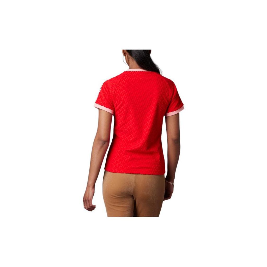Adidas Originals Clover Logo Print V-Neck Pullover Short Sleeve T-Shirt Women Tops Red IB2057
