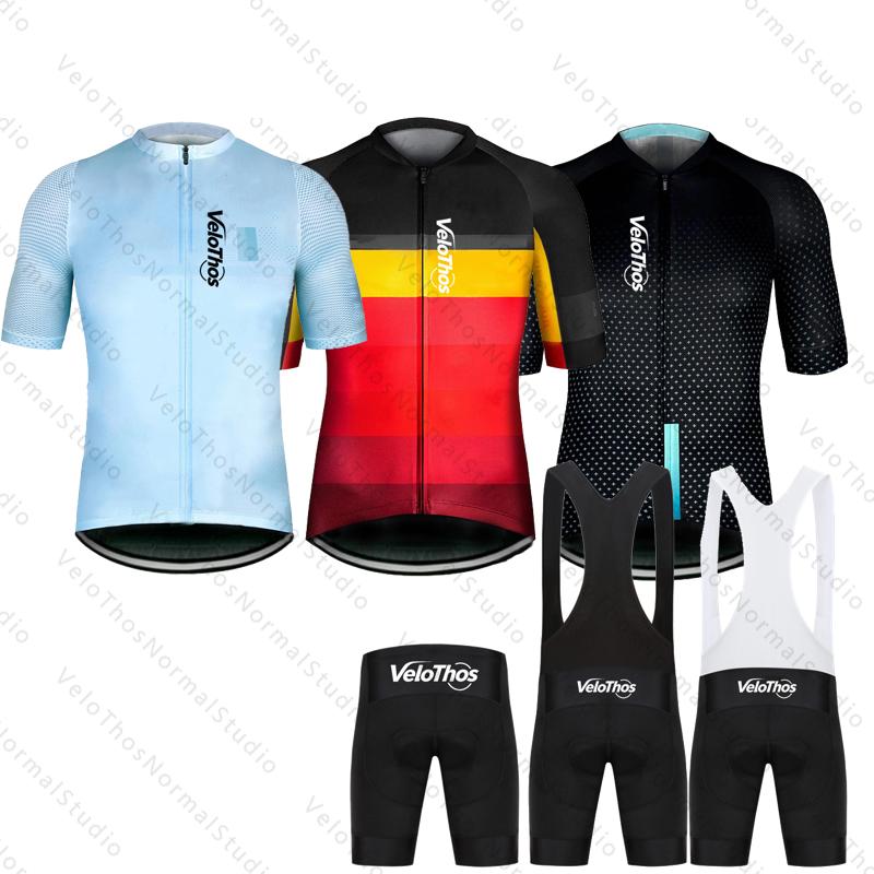 VeloThos Cycling Jersey Set and Bib Shorts Summer Short Sleeve Sport Camping Pro Race Bicycle Clothing MTB Ropa Maillot for Men