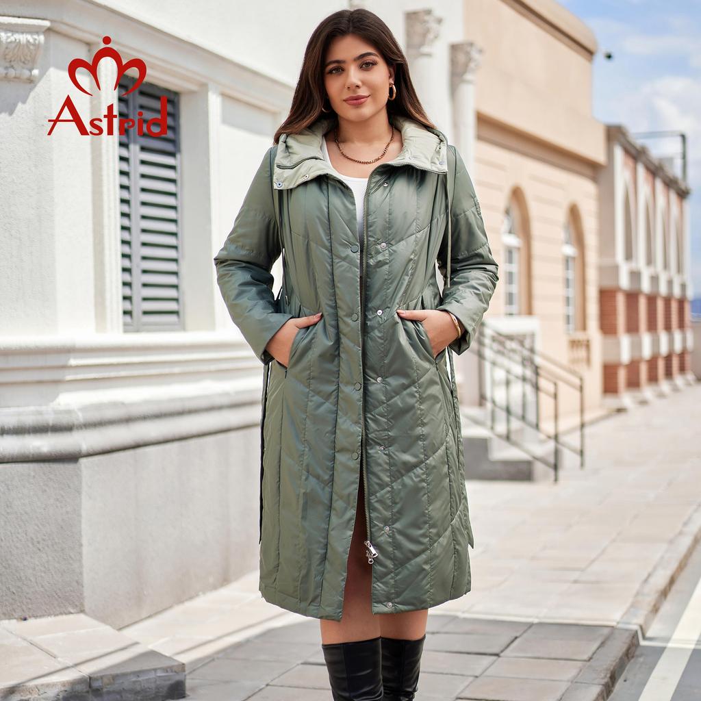 Astrid Женская парка осень-зима больших размеров, женская одежда, длинная, с подкладкой, теплый капюшон, женская стеганая куртка, пальто, пояс, разрез, низ AM-10642