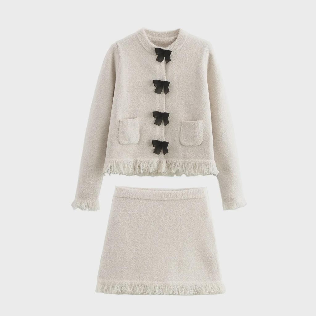 Autumn 2024 Women's Knitted Jacket & Bow Mini Skirt Set