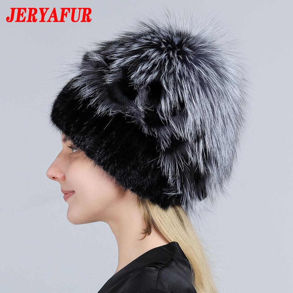 JERYAFUR Женская шапка из натурального меха норки, помпон из лисы, цветы кролика, стильная теплая модная зимняя шапка из натурального меха для девочек, вязаная