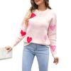 Women's Heart Print Sweaters Long Sleeve Round Neck Loose Pullovers Valentine 's Day Knit Tops