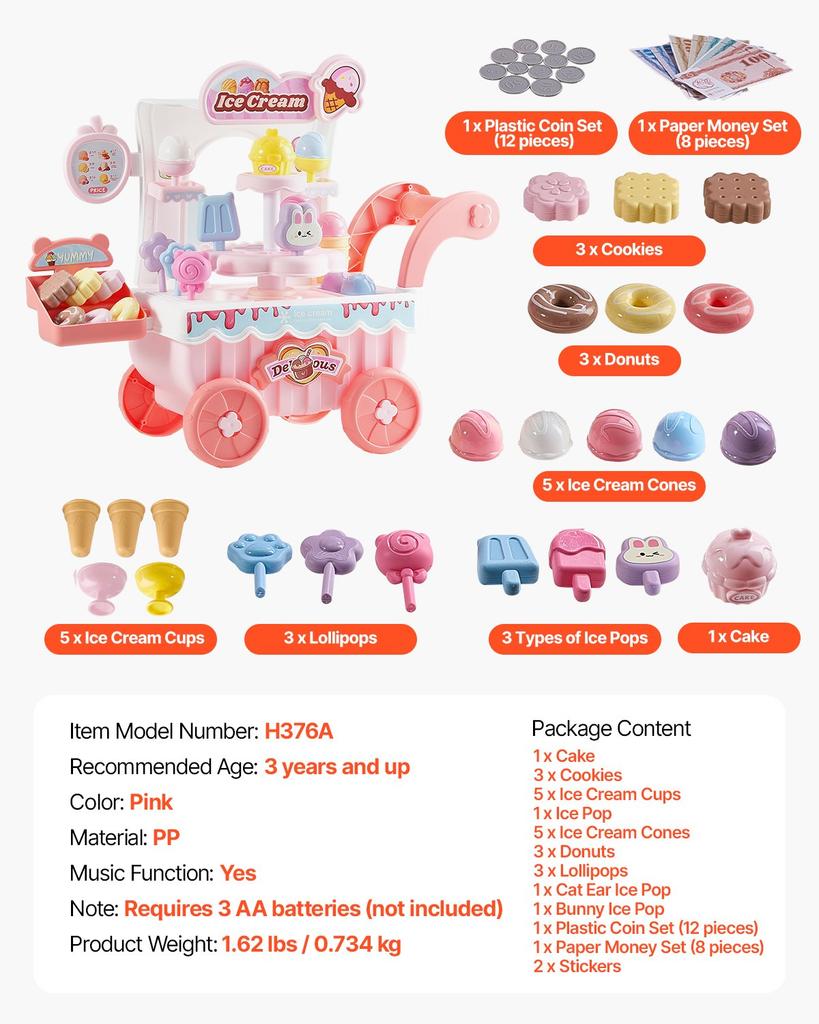 VEVOR Ice Cream Cart for Kids, 27 PCS Accessories, Pretend Play Store with Storage Trolley with Pretend Money, Sound & Light Effects