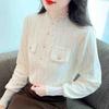 Модная новинка 2024 года, зимняя блузка с длинным рукавом и воротником-стойкой, тонкая абрикосовая бархатная кружевная блузка, женская рубашка, топы, блузки, рубашки J803