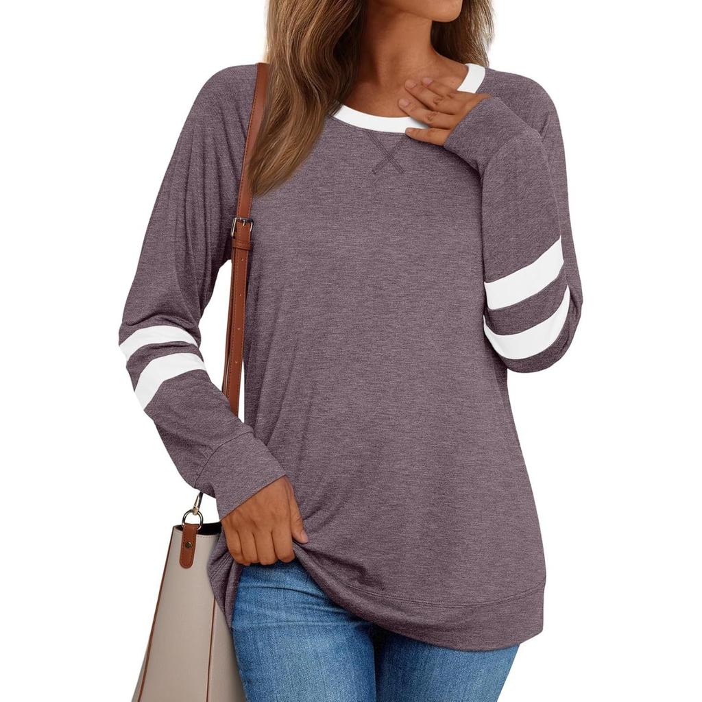 New Women's Patchwork Long Sleeve T-shirt, Casual Loose Crew Neck Top for Women, European American Style, Crossborder Apparel