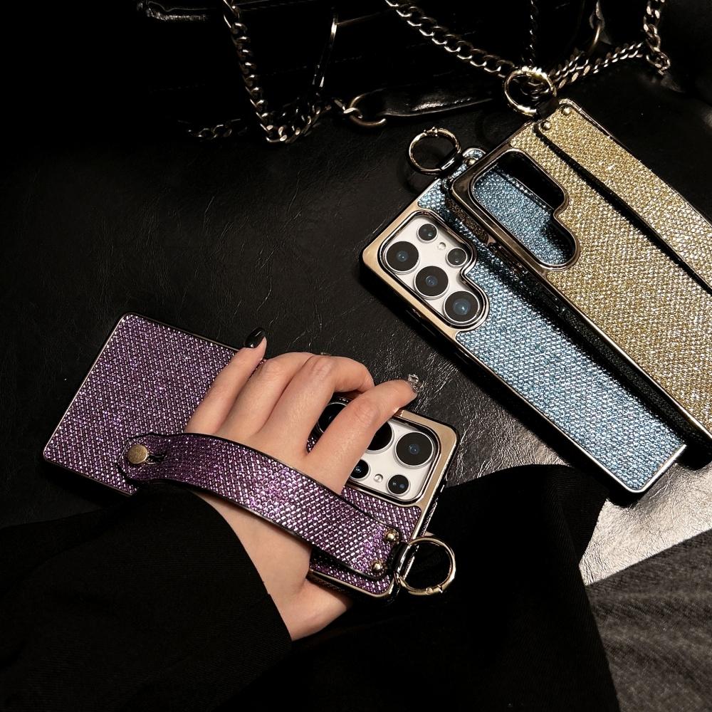 Чехол с блестящим покрытием, держателем-ремешком на запястье для Samsung S25 Ultra S24 FE S23 S22 Plus, мягкий силиконовый бампер, защитная крышка