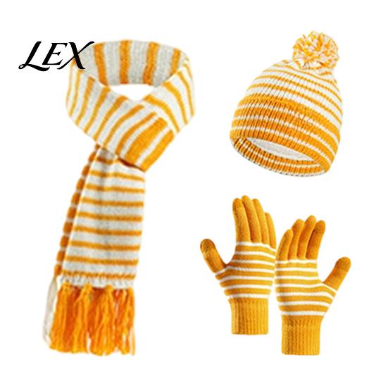 Winter Hat Scarf And Gloves Set 1 for Kids, Fleece Lined Striped Knit with Cozy Pom Pom, Toddlers Boys Girls Age 3 to 8 Outdoor Wear