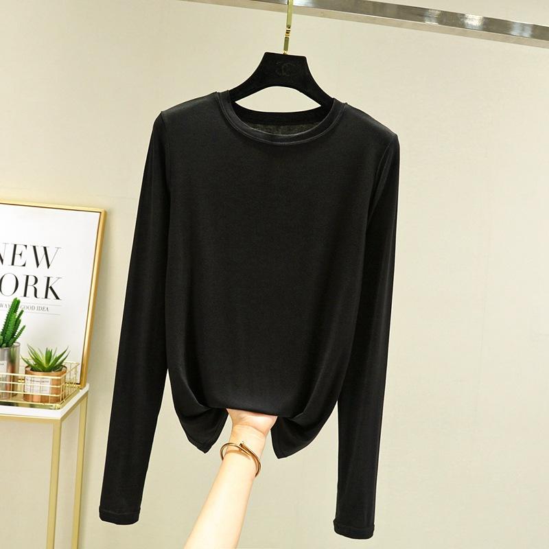 Модальная однотонная базовая футболка с круглым вырезом и длинными рукавами, женские осенние футболки, универсальные футболки, майка больших размеров