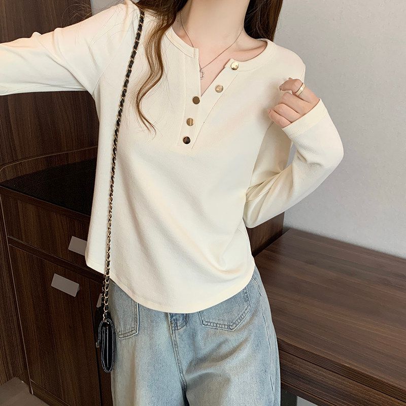 V Neck Chic Slightly Fat Sister Belly-Covering Long Sleeve T-Shirt