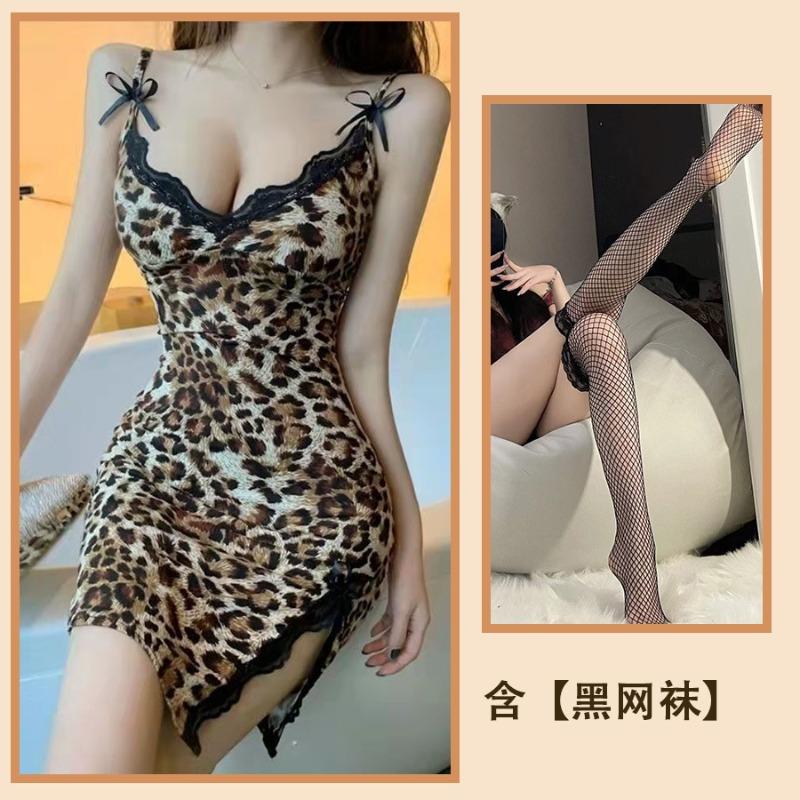 Sexy Lace Leopard Print V-neck Thin Ice Silk Slim Suspender Nightdress Temperament Lace Dress