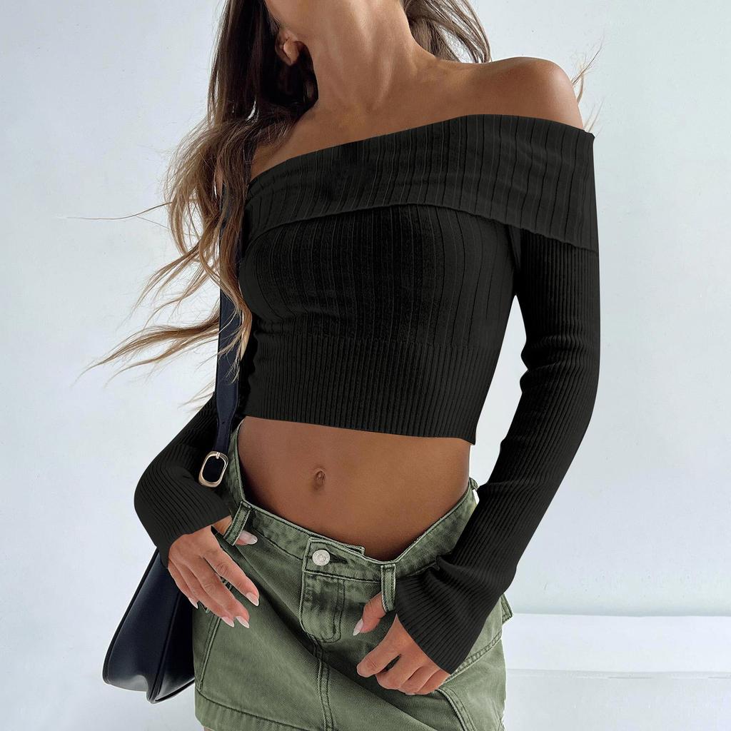 Женская мода, повседневный однотонный сексуальный плиссированный тонкий топ с прямыми плечами, новый сексуальный вязаный свитер с одним вырезом и длинными рукавами