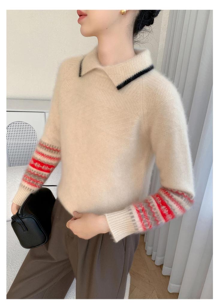 Women's Autumn/Winter Color Block Cashmere Knit Sweater with Contrast Lapel - Fashionable, Loose, and Thickened Design