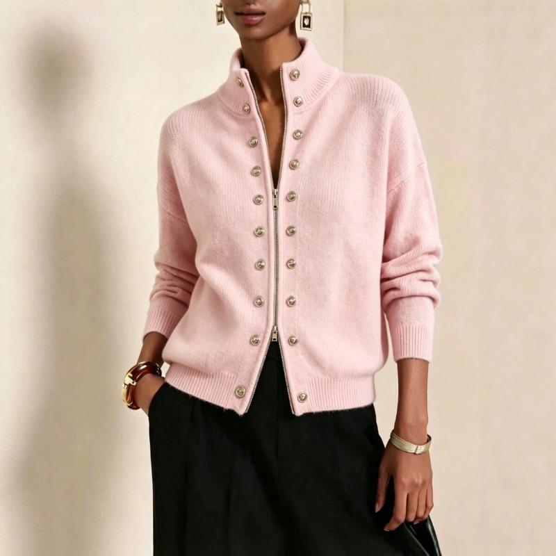 Women S Loose Short Double Breasted Stand Collar Zip Knit Cardigan Autumn Winter