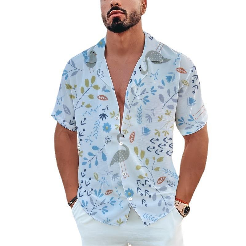 TEMU European and American popular Flamingo series 1D printing summer casual lapel button-down shirt short sleeve