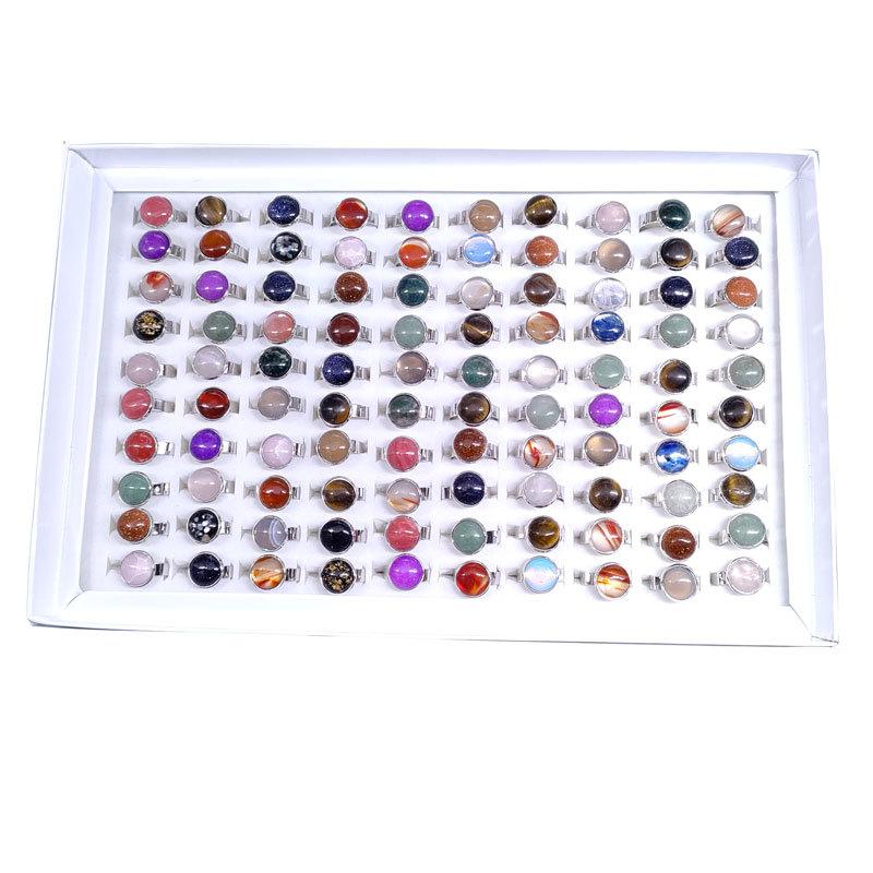 10Pcs Round Natural Stone Ring Female Opening Adjustable Stone Accessories Student Trinket Ring