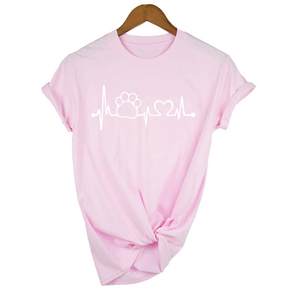 Heartbeat Lifeline Women Tshirt Dog Printed O Neck Short T Shirts Pink Black Top
