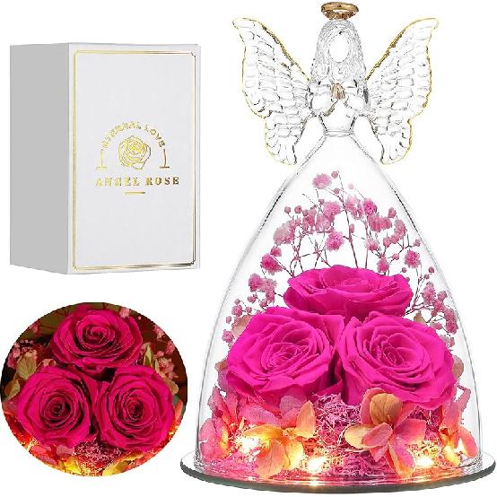 Mothers Day Mom Gifts for Women Preserved Flowers in Glass Angel Forever Flowers Gifts Eternal Roses Gifts for Grandma, Light Purple