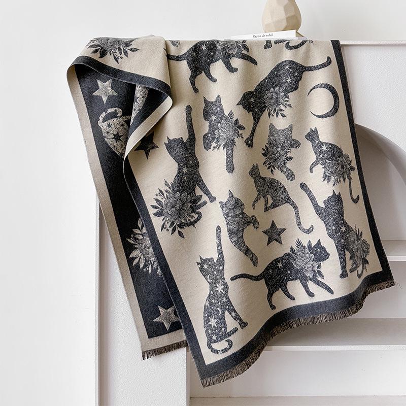 Autumn/Winter Double-Sided Imitation Cashmere Scarf with Cat Silhouette and Starry Sky Design