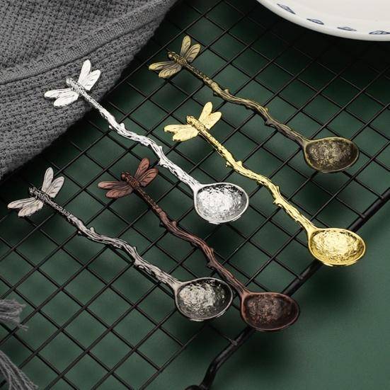 Coffee Spoon Vintage Hammer Effect Zinc Alloy Dragonfly Star Branch Ice Cream Spoon Kitchen