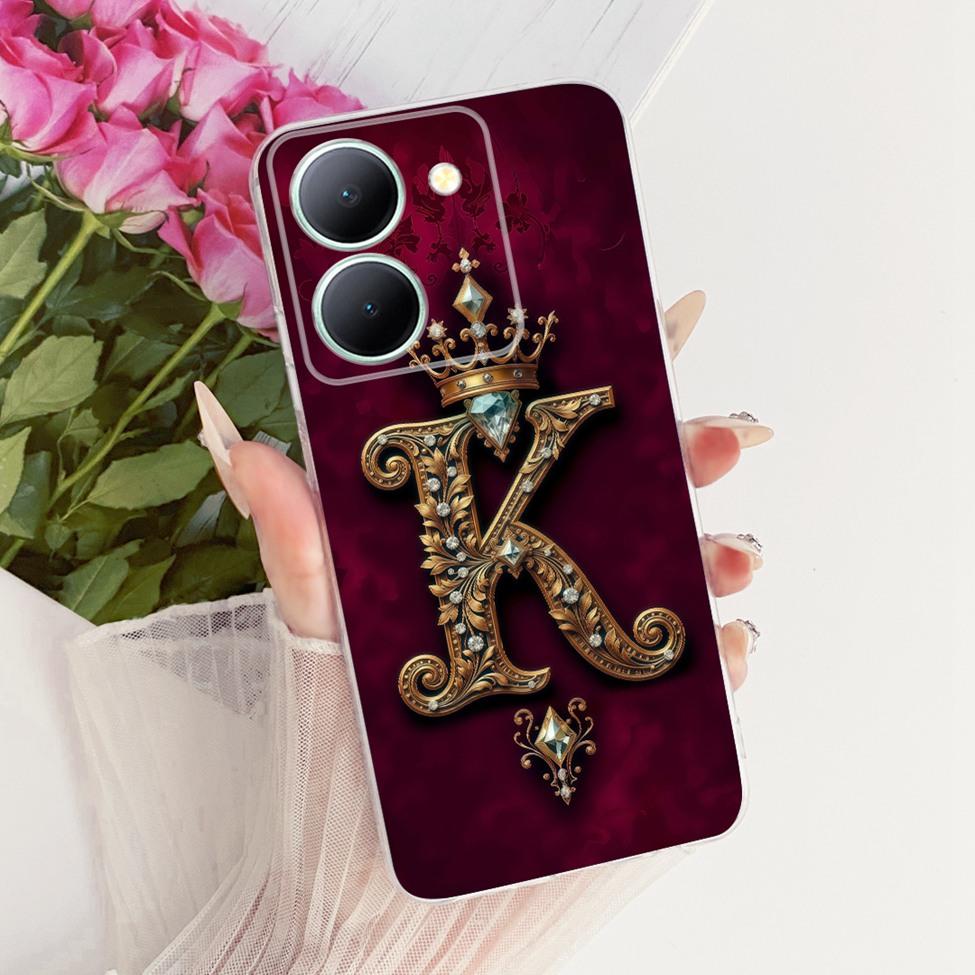 Чехол для Vivo V2322 Чехол для Vivo Y27S Прозрачный Роскошная Корона Буквы от A до Z 2D Плоский Рисунок Мягкий Чехол для Телефона для Y27S Vivo