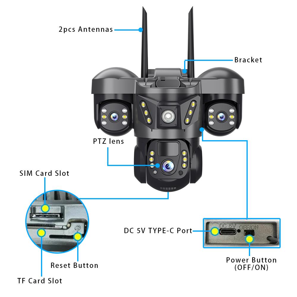 Солнечная камера безопасности WIFI/4G с тремя объективами, 10-кратным зумом и трехэкранным дисплеем, мониторинг с индукцией движения человека (PIR)