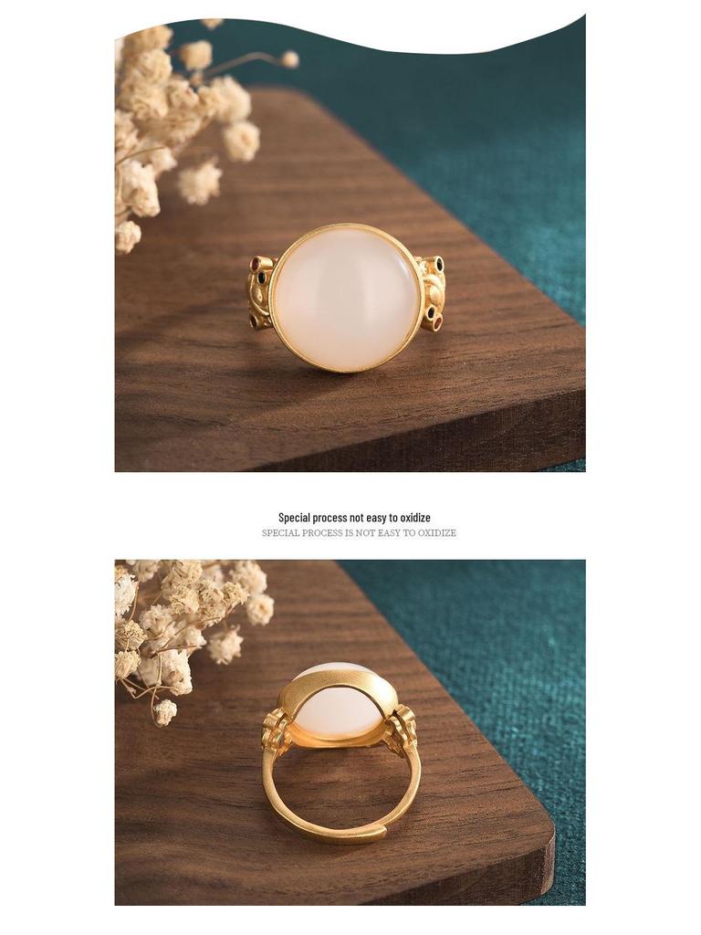 Copper-Plated Retro Court Style Ring with Imitation Mutton Fat White Jade