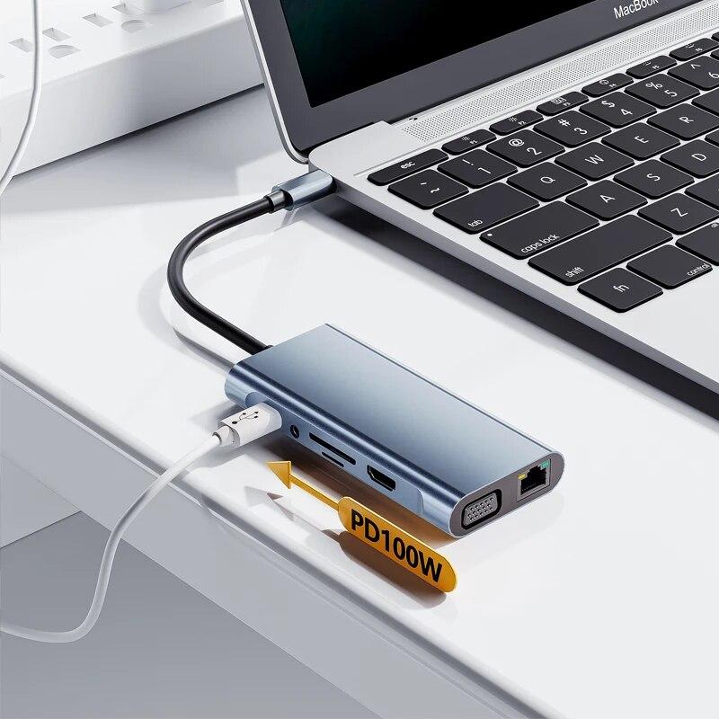 Gigabit Ethernet Port 11-in-1 Type-c USB 3.0 Hub Multi-Port Laptop Docking Station Type C To 4K HDMI VGA PD RJ45 100M