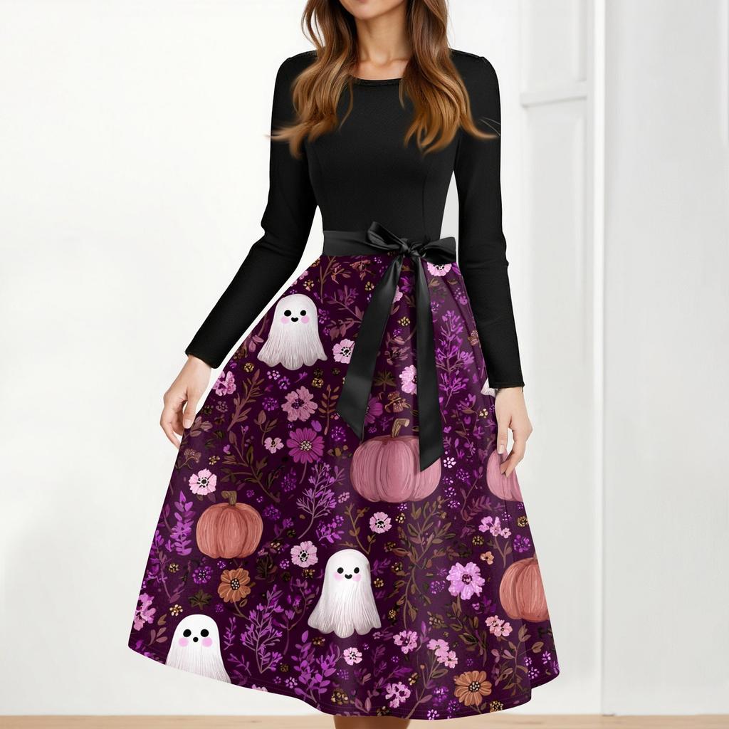 Women's Casual Fashion Halloween Printed Round Neck Vintage Dress