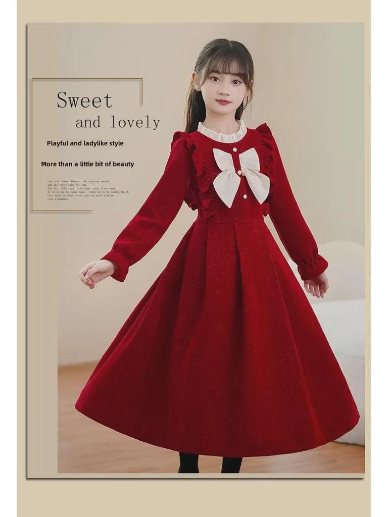 Стильное длинное платье принцессы красного цвета для маленьких девочек - коллекция зима и осень