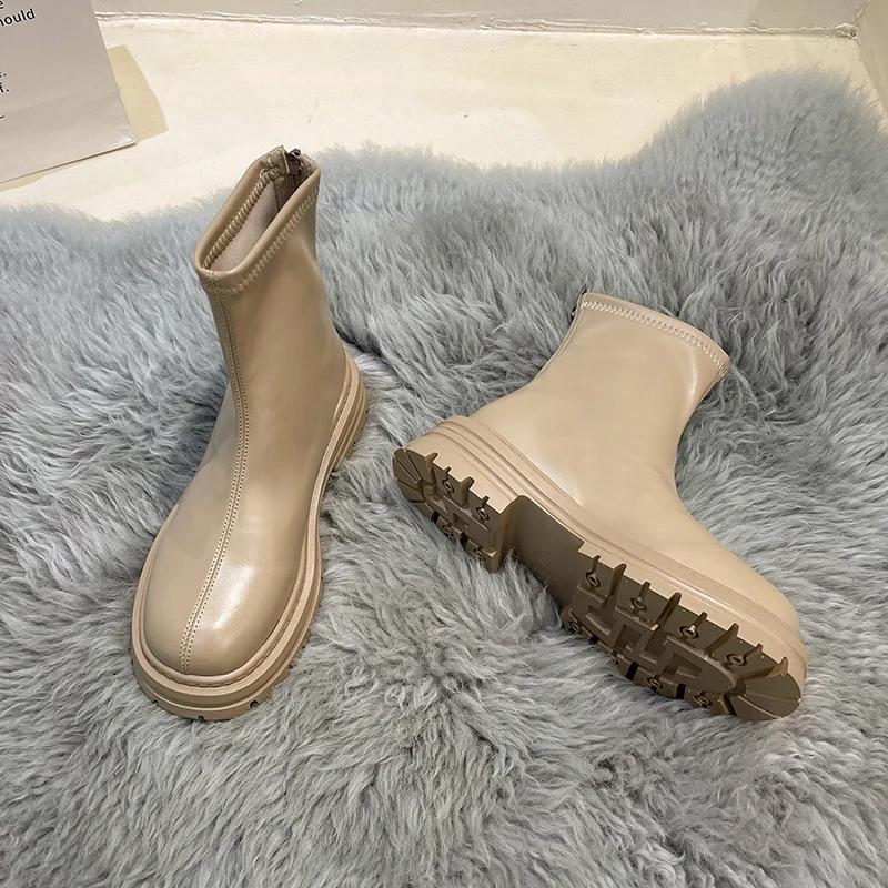 Fashion Autumn Chunky Women Chelsea Boots Fashion Back Zippers Thick Heel Short Booties Retro Style Street Style Female Shoes