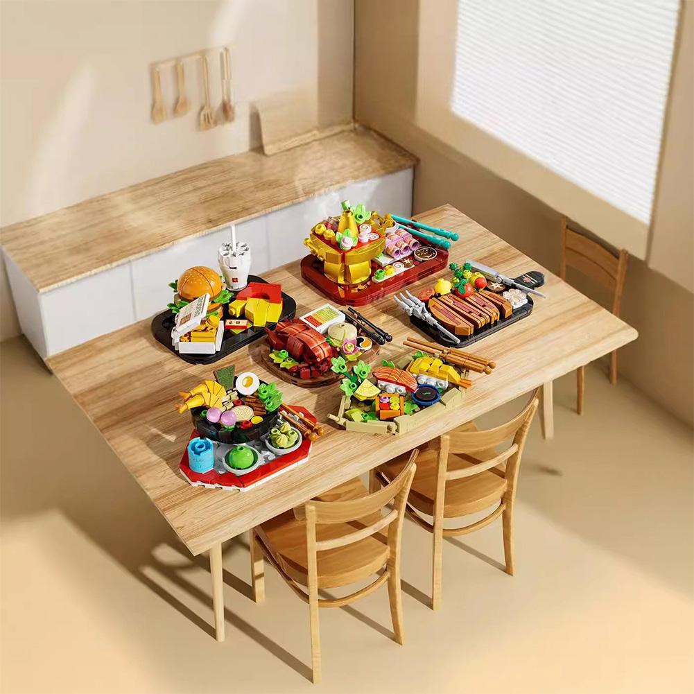 6 Box Food Building Blocks Toys Kids Pretend Play Hot Pot Steak Sushi Roast Duck Hamburger Building Blocks