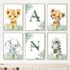 Cartoon Animals Lion Elephant Poster Baby Personalized Name Canvas Painting Children's Bedroom Wall Art Print Picture Room Decor