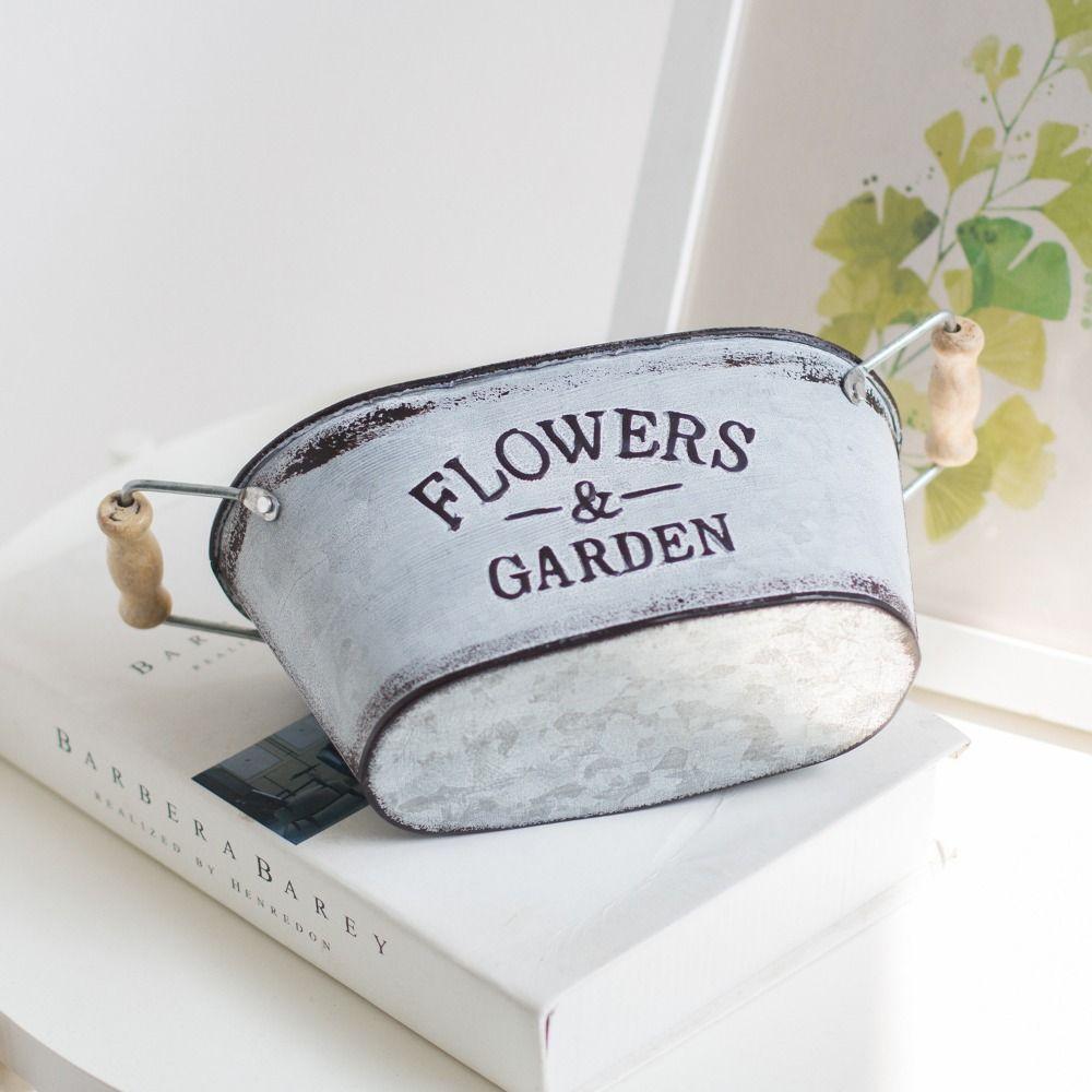 European Style Iron Oval Flowerpot Rustic Wooden Flower Bucket Retro Flower Vase  Balcony
