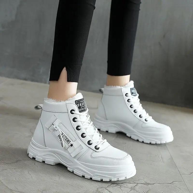 2024 Fleece-Lined Cotton Shoes for Women Korean Style Warm High-Top Martins All-Match Winter Footwear for Students