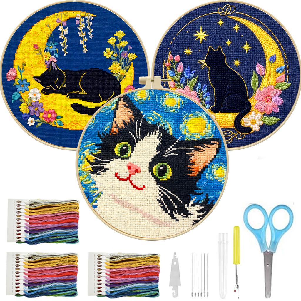 Small Night Cat Cross Stitch Kit for Beginners, Easy DIY Embroidery Set with Patterns