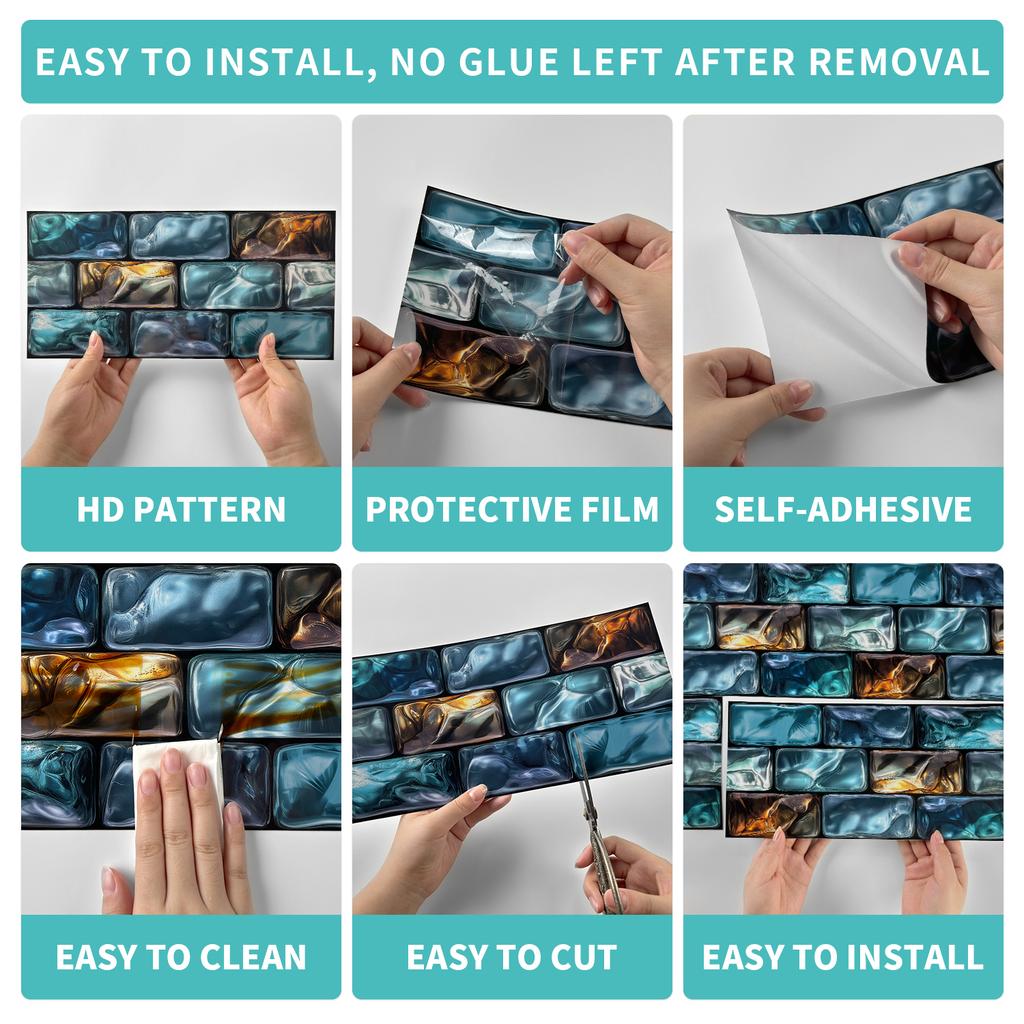 KUUJOJO 3D Vintage Faux Wall Tile Self-Adhesive Decal for Kitchen, Living Room and Bathroom Wall Decor, 11.8 in. X 5.91 in.