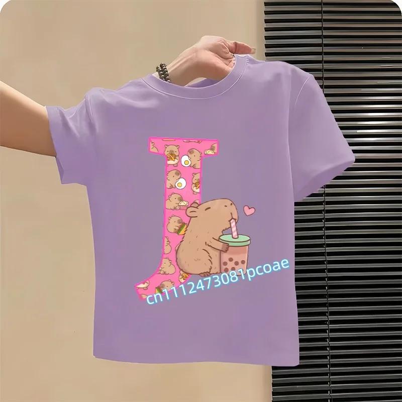 New Capibara Cute T-shirt Kids Anime Capybara Letter A-Z Tees Girls in Summer Short Sleeve Tops Children's Clothing Short Sleeve