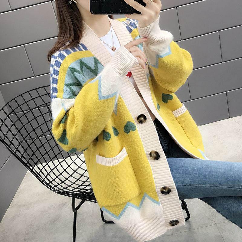 Sweater Cardigan Thickened Mid-length Spring and Autumn Loose Knit Lazy Style Jacket Women